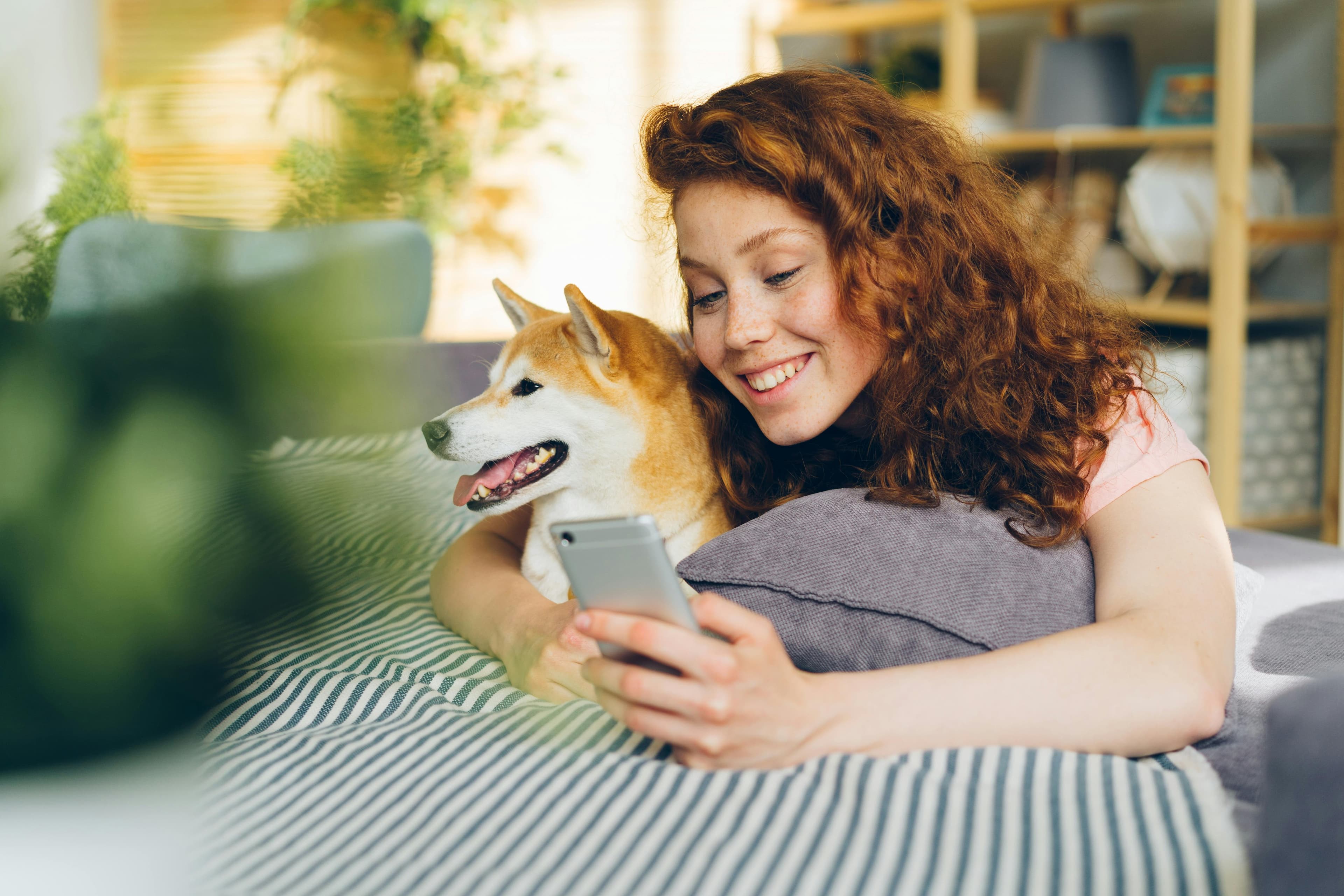 A pet owner with her Shiba Inu, using the TCL app